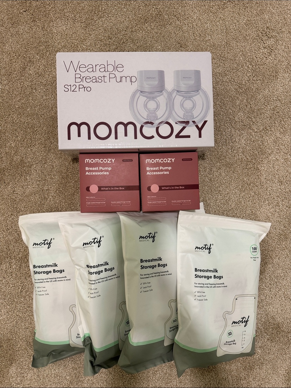 Momcozy Wearable Breast Pump S12 Pro in White with Accessories